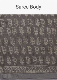 Ash Grey Saree In Linen With Batik Printed Buttis And Zari Weaved Border Online - Kalki Fashion