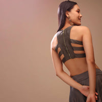 Ash Grey Blouse In Raw Silk With Stylish Cage Cut Outs On The Back And Halter Neckline