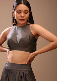 Ash Grey Blouse In Raw Silk With Stylish Cage Cut Outs On The Back And Halter Neckline