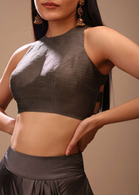 Ash Grey Blouse In Raw Silk With Stylish Cage Cut Outs On The Back And Halter Neckline