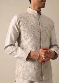 Ash Grey Jacket And Kurta Set With Floral Motifs