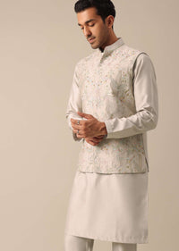 Ash Grey Jacket And Kurta Set With Floral Motifs