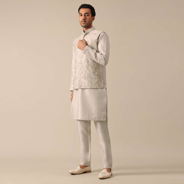 Ash Grey Jacket And Kurta Set With Floral Motifs