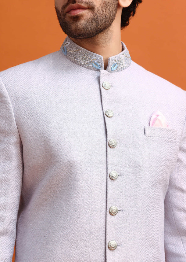 Ash Grey Silk Nawabi With Self Work For Men