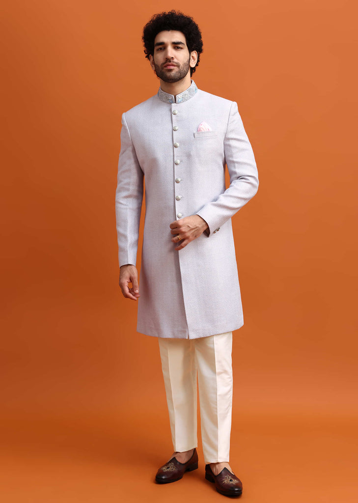 Ash Grey Silk Nawabi With Self Work For Men