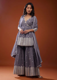 Mauve Purple Sharara Suit Set With Angarakha Top