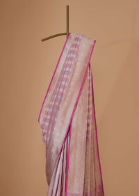 Onion Pink Banarasi Silk Saree In Fancy Silver Gold With Unstitched Blouse