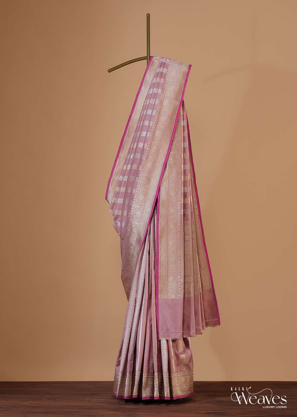 Onion Pink Banarasi Silk Saree In Fancy Silver Gold With Unstitched Blouse
