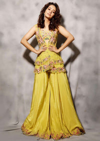 Asha Negi in Kalki Citrus Green Layered Palazzo With Matching Embroidered Crop Top And Net Jacket