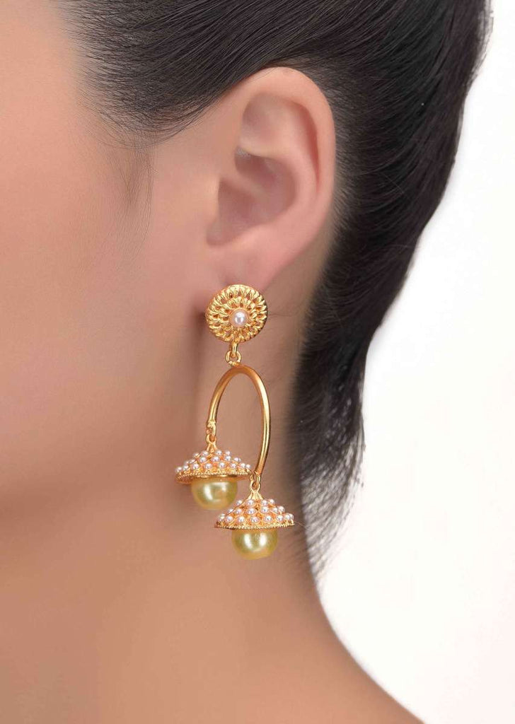 Asymmetric Hanging Earrings With Pearl Inset Double Jhumkas Online - Kalki Fashion