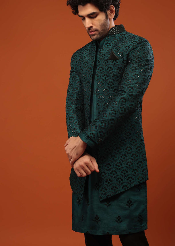 Deep Green Tussar Silk Embroidered In Mirror And Thread Weave Sherwani Set