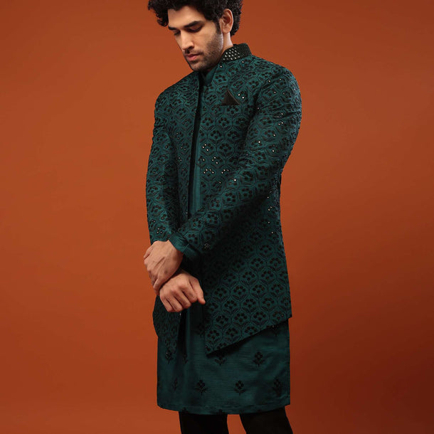 Deep Green Tussar Silk Embroidered In Mirror And Thread Weave Sherwani Set