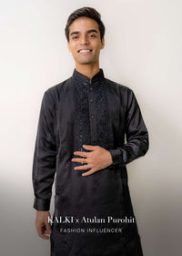 Black Festive Kurta In Mini Silk With Lucknowi Embroidery