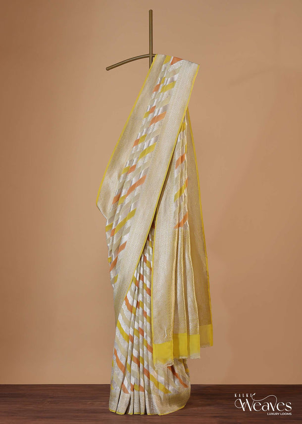 Canary Yellow Saree In Georgette With Striped Banarasi Zari Weave And An Unstitched Blouse