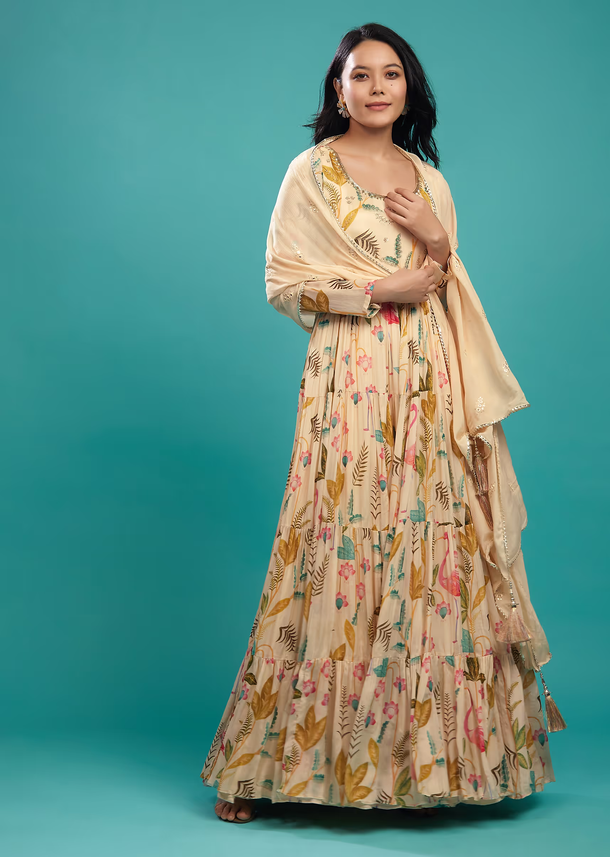 Champagne Brown Chinon Tiered Floral Anarkali SuitC