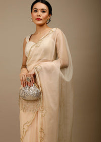 Autumn Blonde Saree In Organza With Cut Dana Embroidered Scallop Cut Border In Delicate Modern Motifs