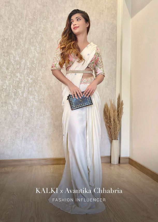 Cream Ready Pleated Saree With Multi Colored Floral Hand Work On The Blouse