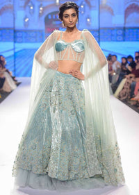 Aviary Blue Lehenga In Embroidered Velvet Paired With Matching Corset With Attached Draped Dupatta Online - Kalki Fashion