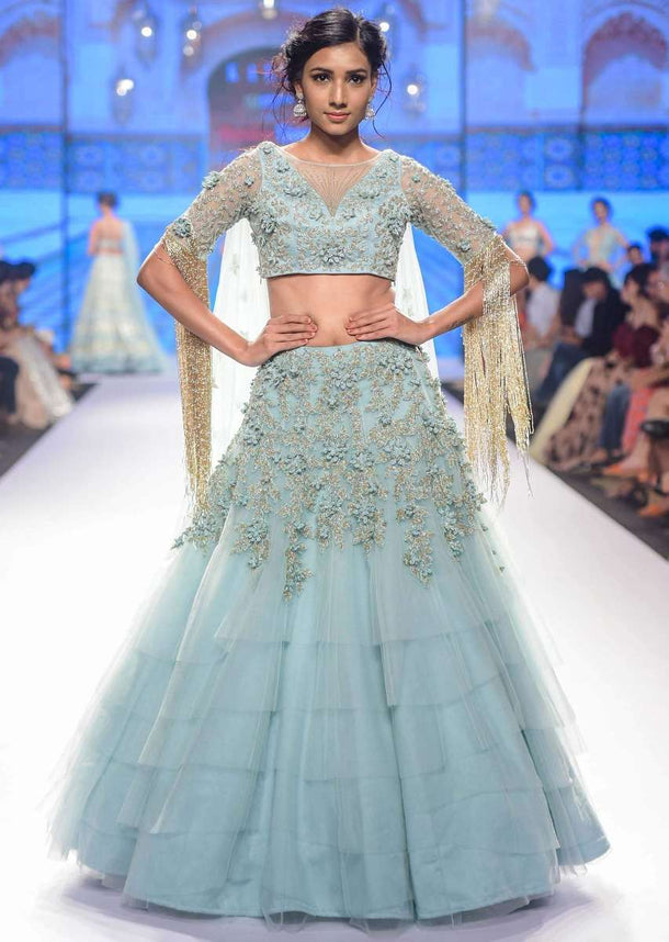 Aviary blue multi layered net lehenga set adorn with 3 D embroidered flowers