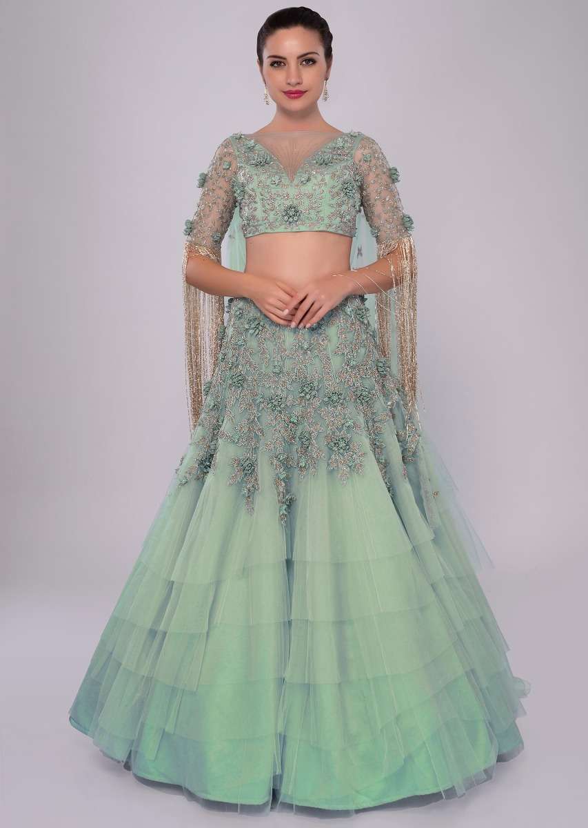 Aviary blue multi layered net lehenga set adorn with 3 D embroidered flowers