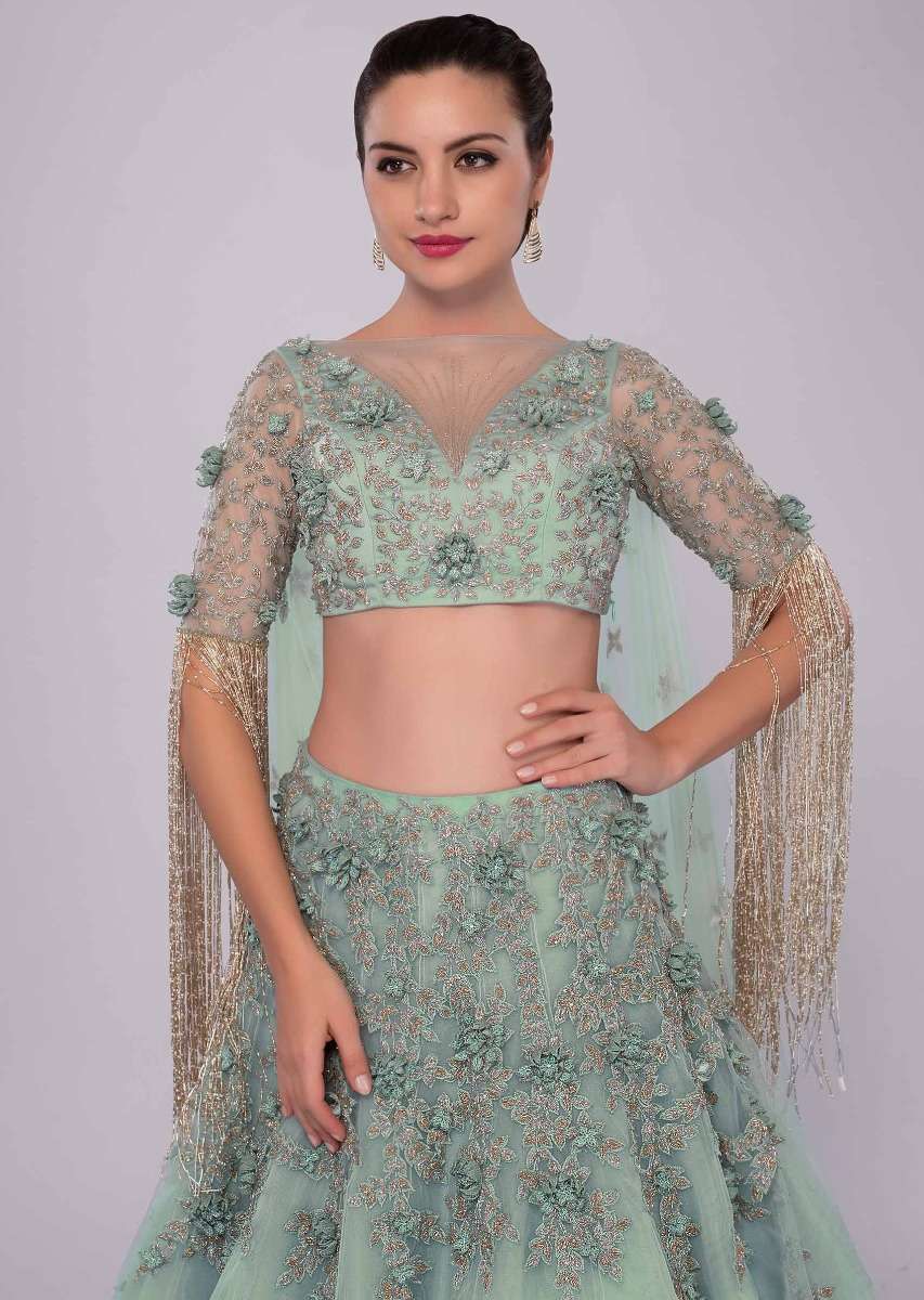 Aviary blue multi layered net lehenga set adorn with 3 D embroidered flowers