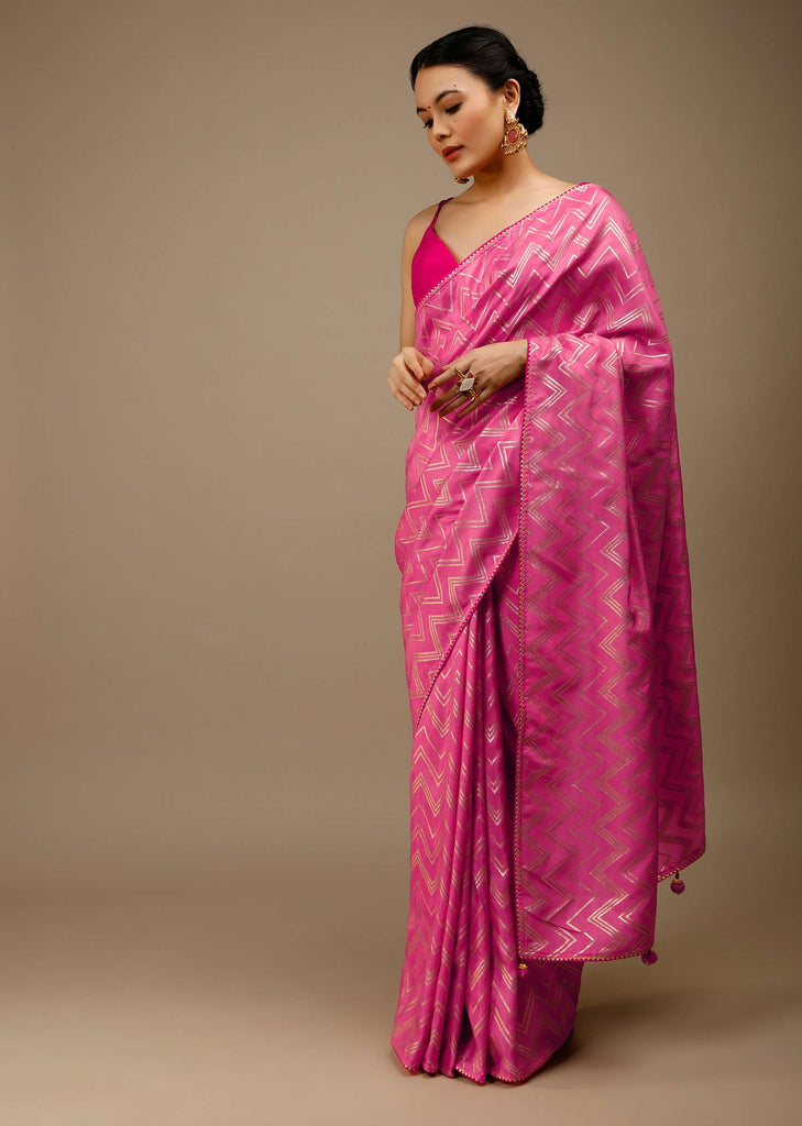 Azalea Pink Saree In Silk With Lurex Woven Chevron Design And Bandhani Unstitched Blouse