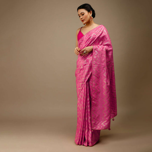 Azalea Pink Saree In Silk With Lurex Woven Chevron Design And Bandhani Unstitched Blouse