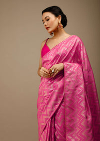 Azalea Pink Saree In Silk With Lurex Woven Chevron Design And Bandhani Unstitched Blouse