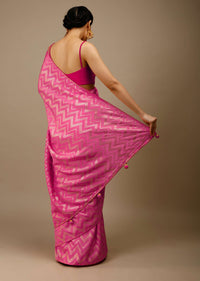 Azalea Pink Saree In Silk With Lurex Woven Chevron Design And Bandhani Unstitched Blouse