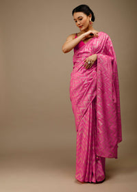 Azalea Pink Saree In Silk With Lurex Woven Chevron Design And Bandhani Unstitched Blouse