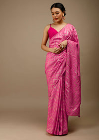 Azalea Pink Saree In Silk With Lurex Woven Chevron Design And Bandhani Unstitched Blouse