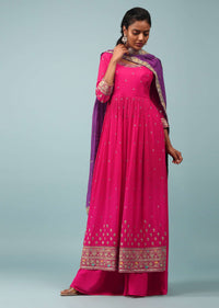 Azalea Pink Embroidered Palazzo Suit In Chinon