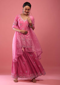 Azalea Pink Lucknowi Sharara Suit In Cotton With Embroidery