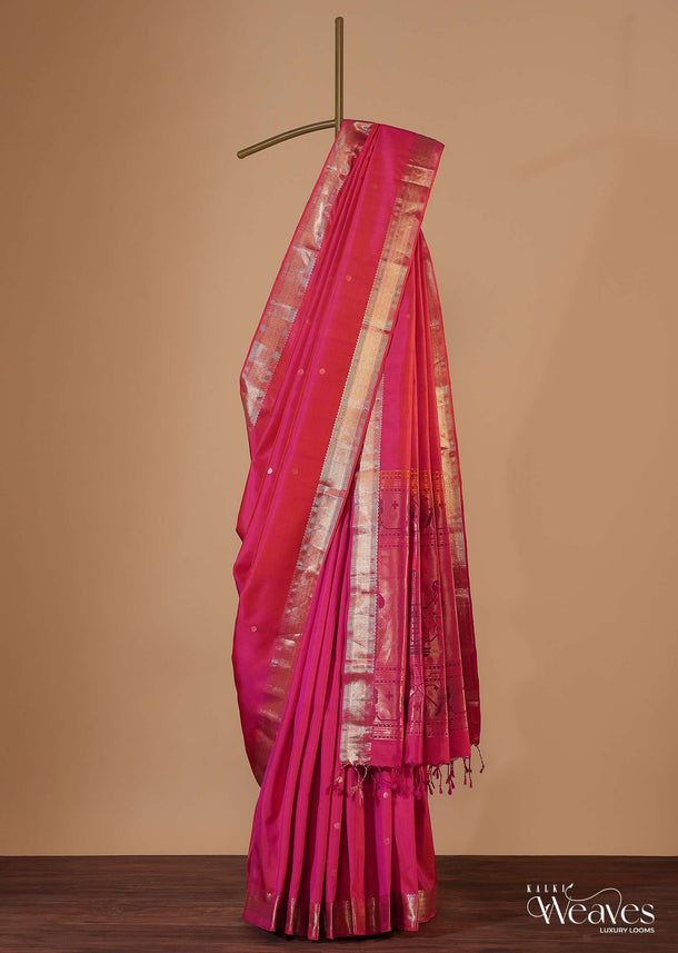 Azalea Pink Silk Saree In Zari Woven Border With Paithani Pallu And Unstitched Blouse