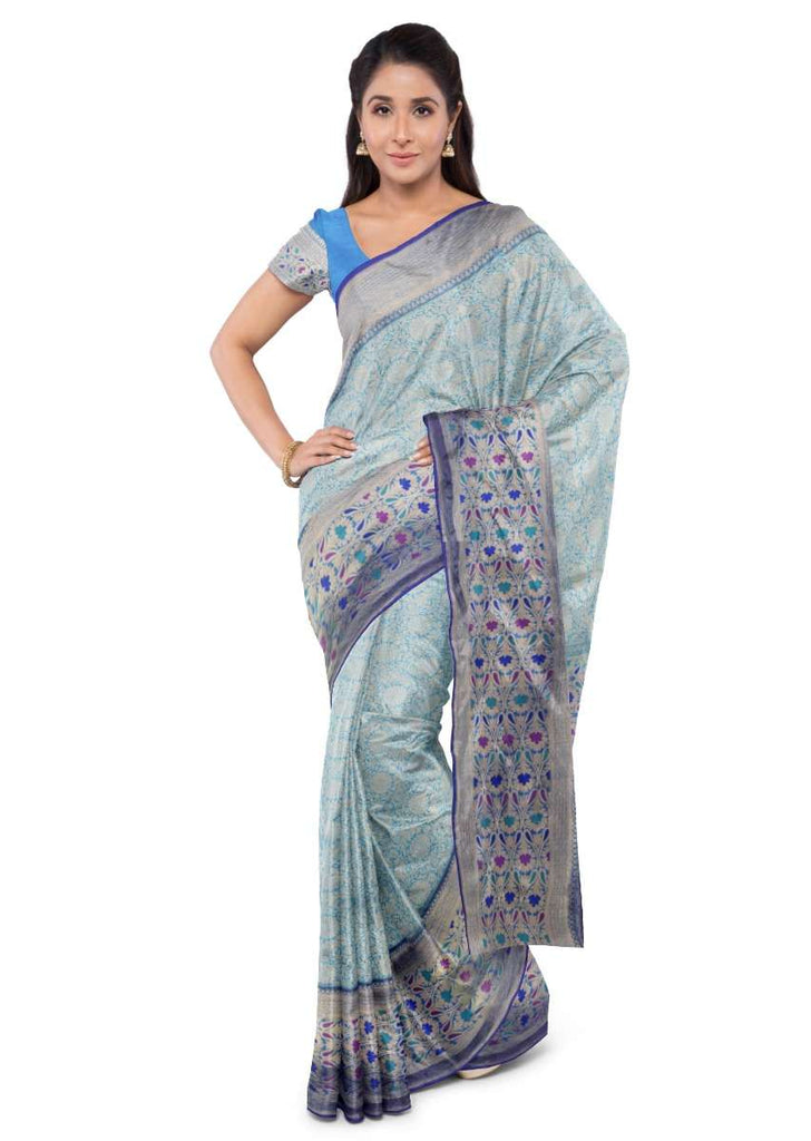 Azure blue banarasi saree with two toned blue blouse piece only on Kalki