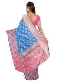 Azure Blue Saree In Banarasi Silk With Fuchsia Blouse Piece Online - Kalki Fashion