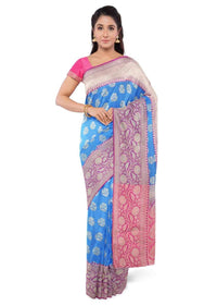 Azure Blue Saree In Banarasi Silk With Fuchsia Blouse Piece Online - Kalki Fashion