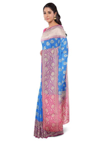 Azure Blue Saree In Banarasi Silk With Fuchsia Blouse Piece Online - Kalki Fashion