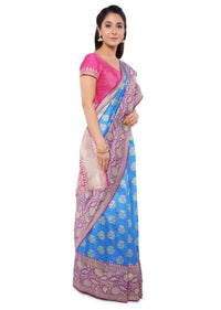 Azure Blue Saree In Banarasi Silk With Fuchsia Blouse Piece Online - Kalki Fashion