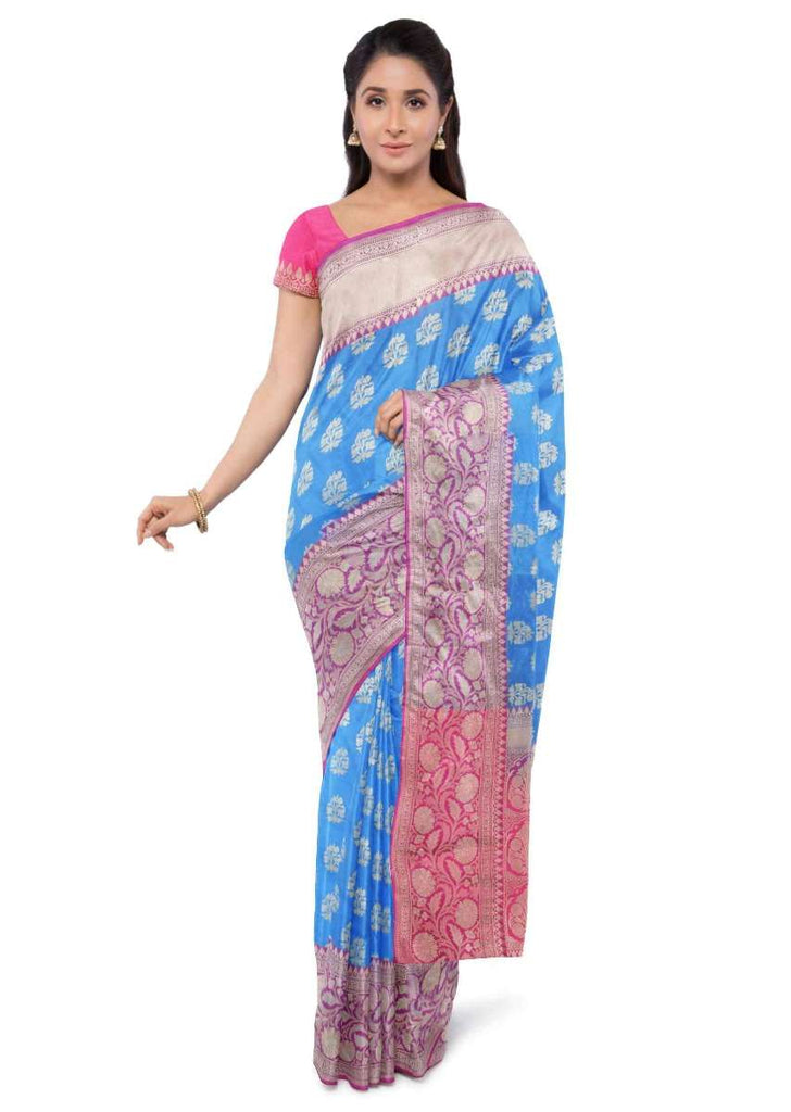 Azure Blue Saree In Banarasi Silk With Fuchsia Blouse Piece Online - Kalki Fashion