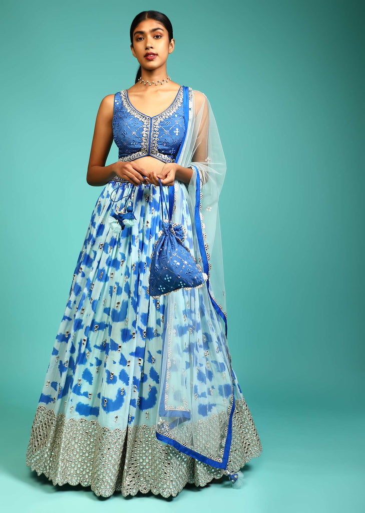 Baby Blue And Cobalt Blue Lehenga Choli In Georgette With Tie Dye Print And Mirror Embroidery On The Hemline Online - Kalki Fashion