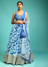 Baby Blue And Cobalt Blue Lehenga Choli In Georgette With Tie Dye Print And Mirror Embroidery On The Hemline Online - Kalki Fashion