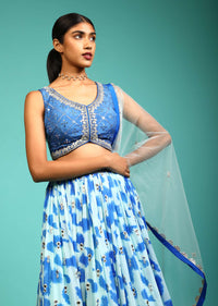 Baby Blue And Cobalt Blue Lehenga Choli In Georgette With Tie Dye Print And Mirror Embroidery On The Hemline Online - Kalki Fashion