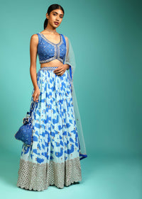 Baby Blue And Cobalt Blue Lehenga Choli In Georgette With Tie Dye Print And Mirror Embroidery On The Hemline Online - Kalki Fashion