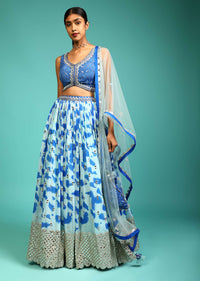 Baby Blue And Cobalt Blue Lehenga Choli In Georgette With Tie Dye Print And Mirror Embroidery On The Hemline Online - Kalki Fashion