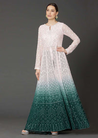 Baby Pink And Bottle Green Shaded Anarkali With Resham And Mirror Work And Bottle Green Palazzo Pants Online - Kalki Fashion