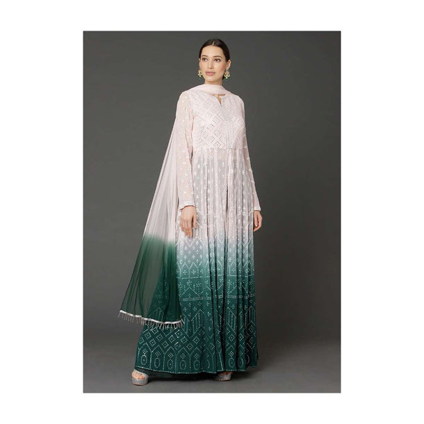 Baby Pink And Bottle Green Shaded Anarkali With Resham And Mirror Work And Bottle Green Palazzo Pants Online - Kalki Fashion