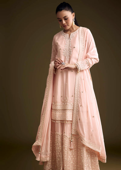Baby Pink Chinon Thread And Sequin Embroidered Palazzo Set