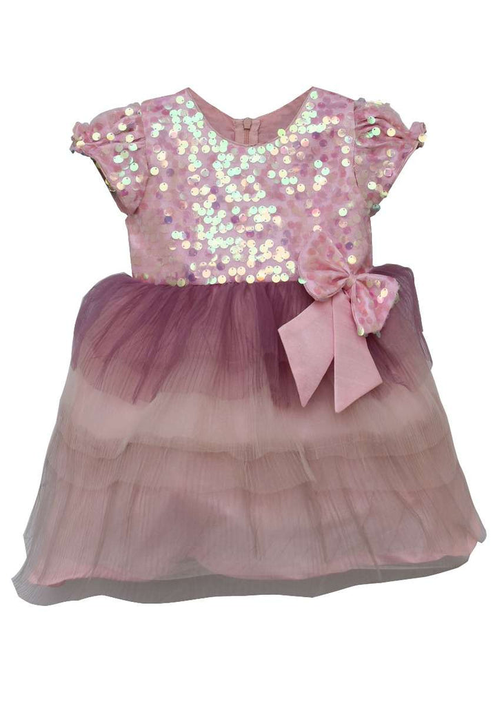 Baby Pink Dress With Pleated Net Frill And Sequins Bodice By Fayon Kids