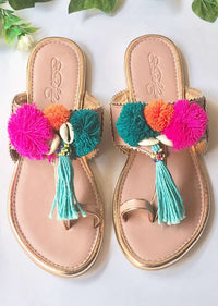 Baby Pink Kolhapuri Flats With Accents Of Multicoloured Pompoms, Shells And Tassels Online By Sole House